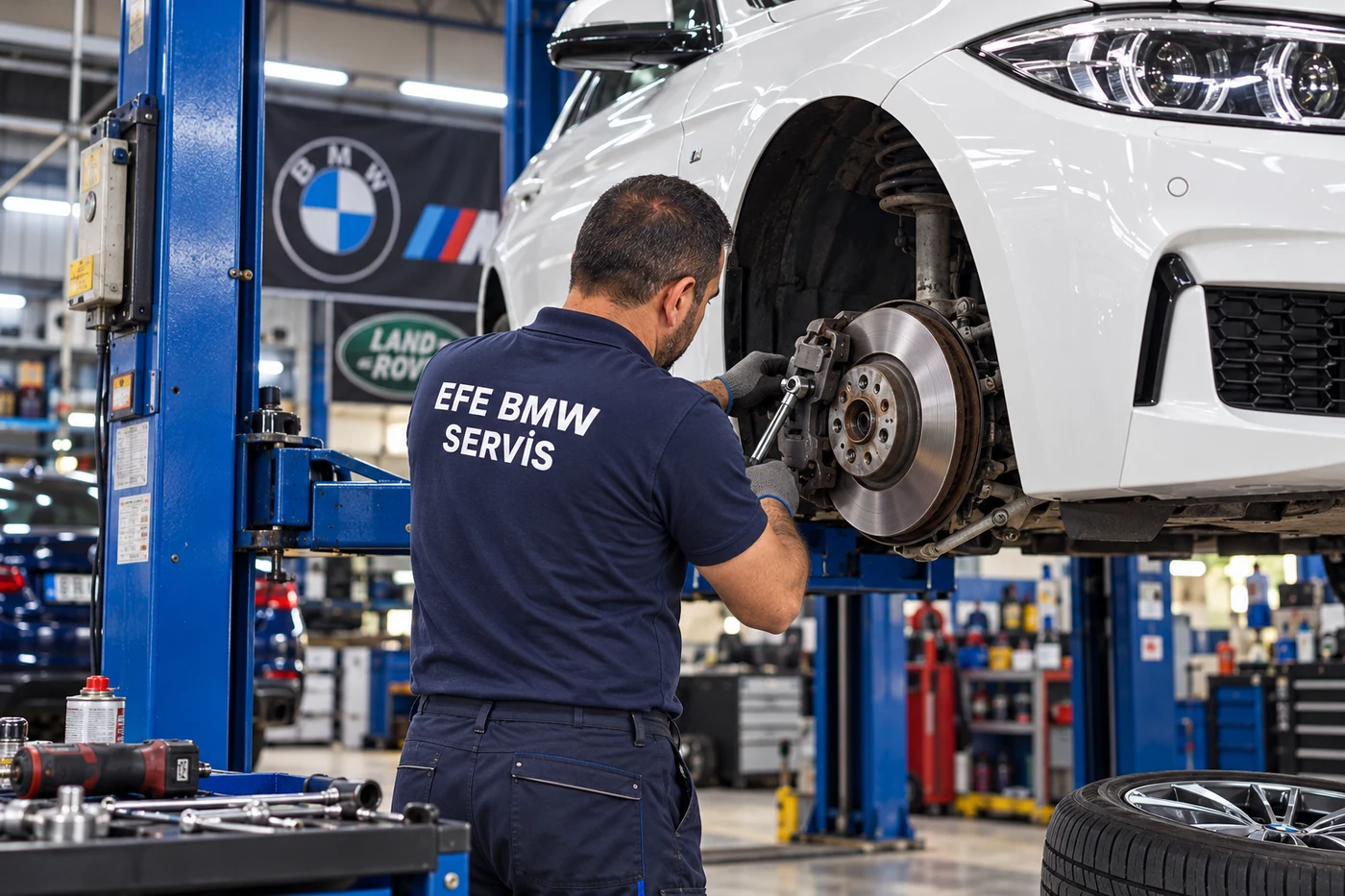 EFE BMW Özel Servis lift üzerinde BMW fren diski ve kaliper bakımı