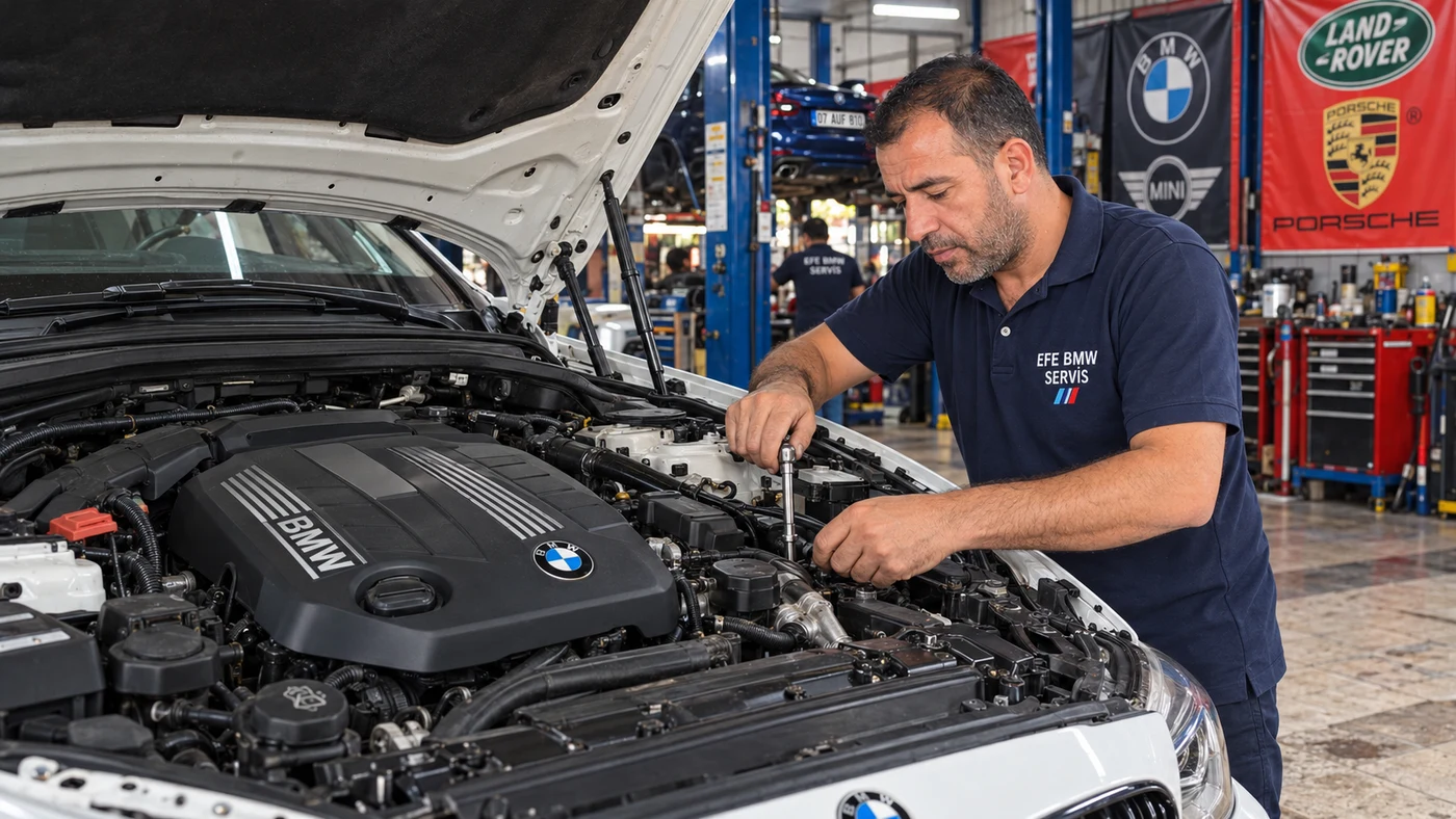 BMW motoru üzerinde mekanik onarım ve kontrol çalışması